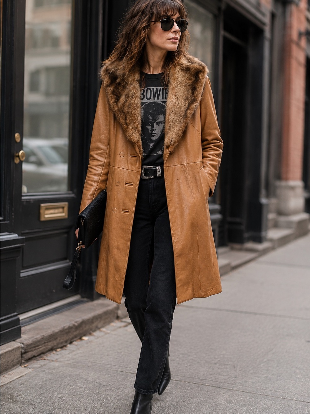 Vintage Jeno de Paris Montreal 100% Leather Coat Faux Fur Collar Camel Brown